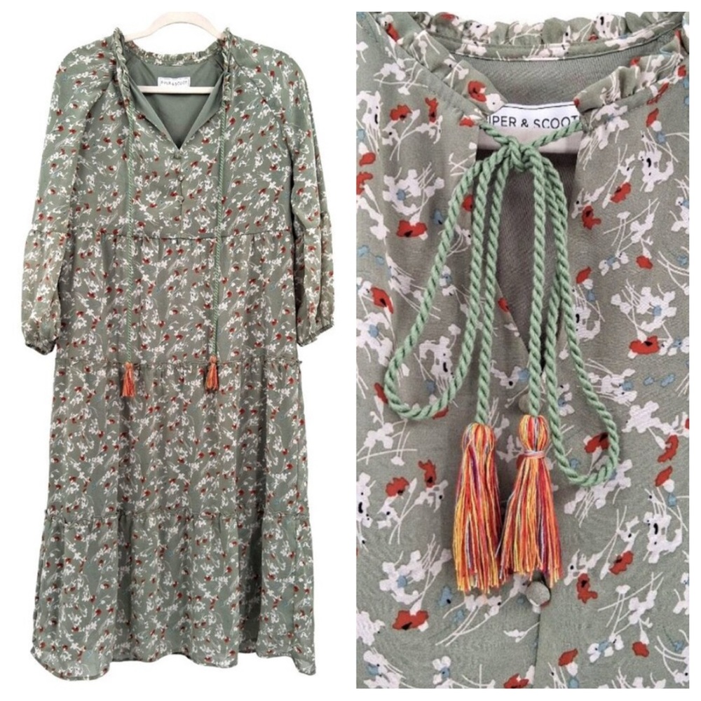 Piper & Scoot Green Floral Midi Dress Size Medium Tassel Tie Boho Cottagecore